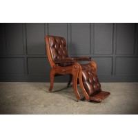Rare Mahogany & Buttoned Brown Leather Reclining Chair