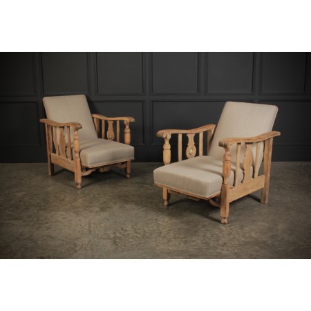 Pair of Small Bleached Oak Reclining Armchairs